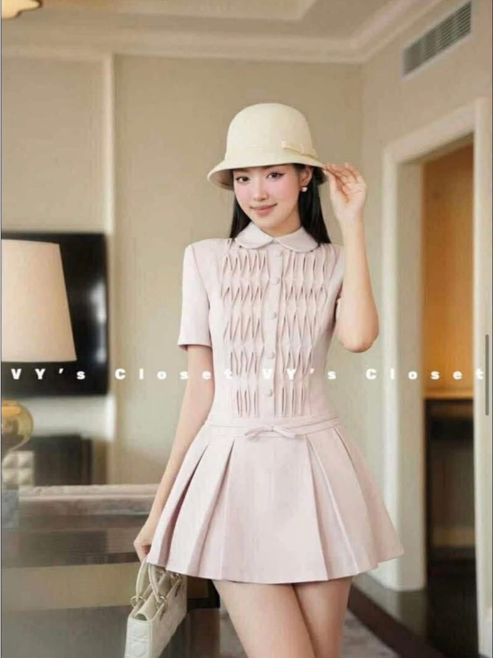 Light Pink Pleated Fit-and-Flare Dress with Collar
